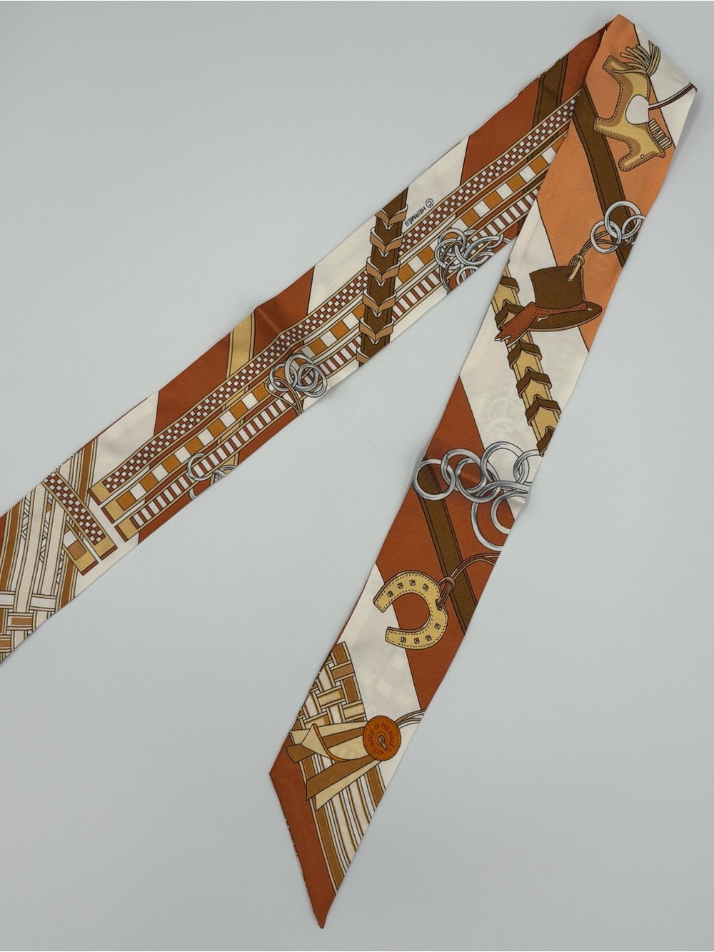 Hermes Brides et Gris-Gris Twilly Scarf Caramel Blanc Bronze Equestrian